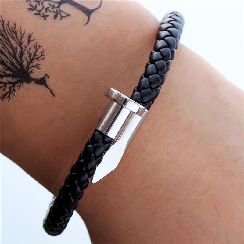 Leather and Titanium Steel Nail Open Bracelet