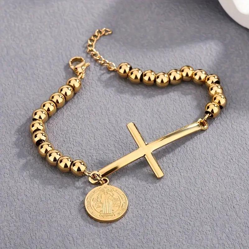 Stainless Steel Beaded Cross Tab Bracelet