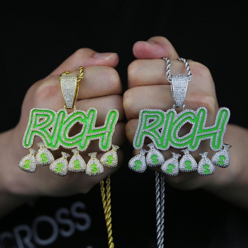 Iced Luminous RICH Letters and Money Bag Pendant