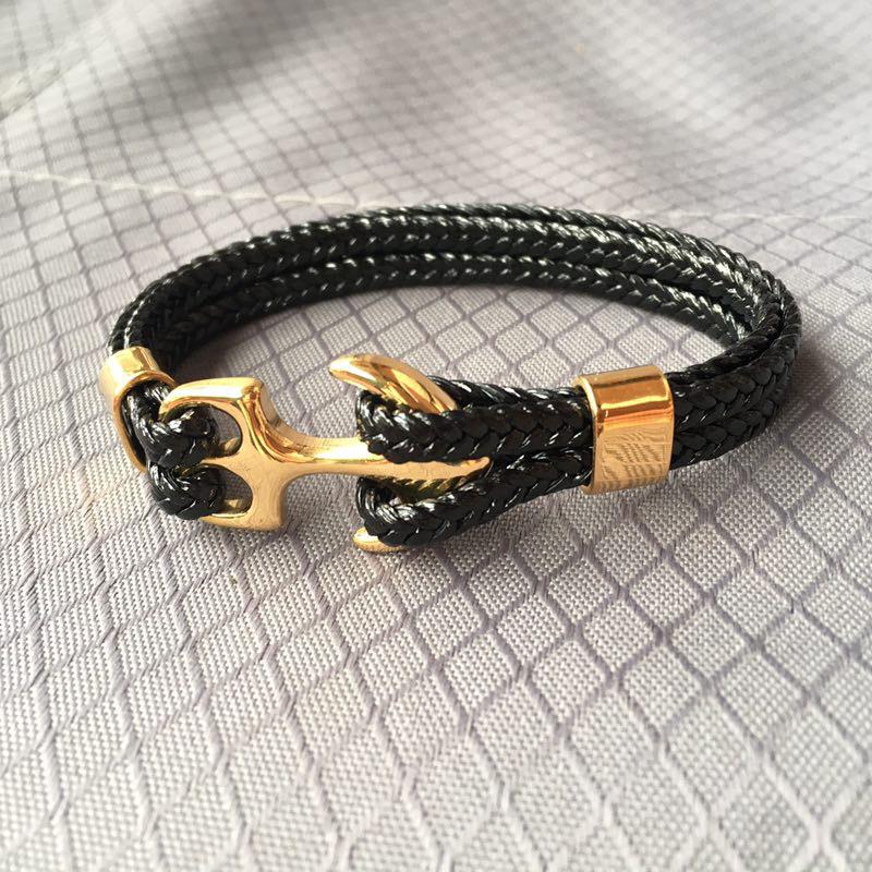 Black Braided Leather Anchor Bracelet