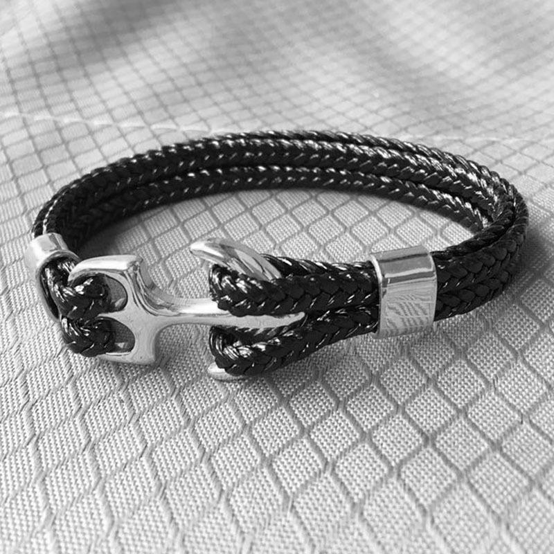 Black Braided Leather Anchor Bracelet