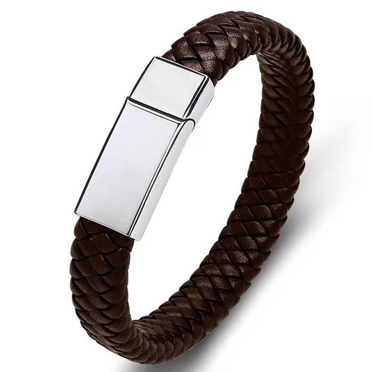 Fashion Stainless Steel Woven Leather Rope Bracelet