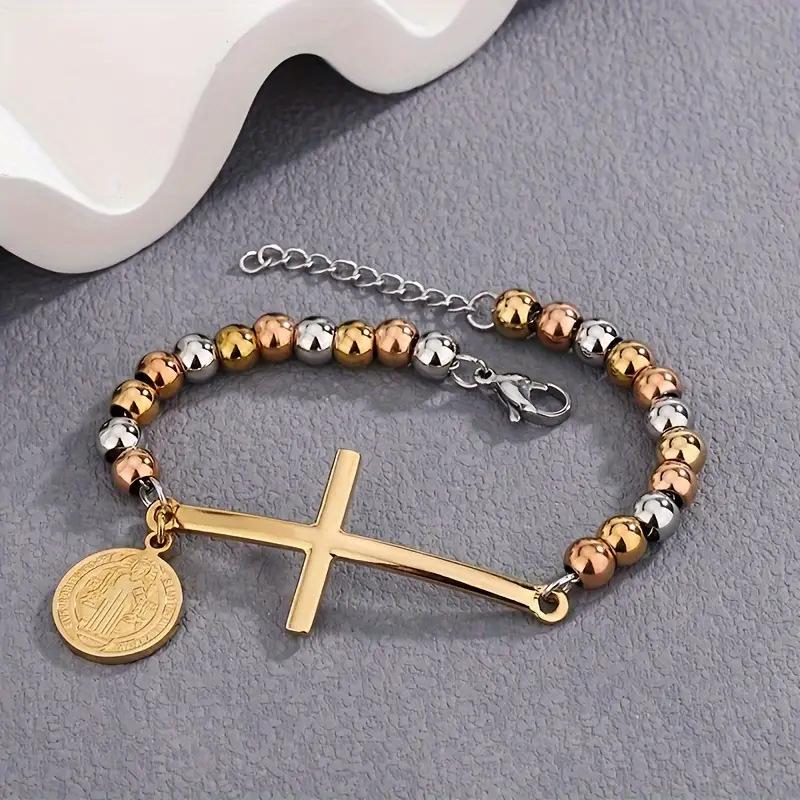 Stainless Steel Beaded Cross Tab Bracelet