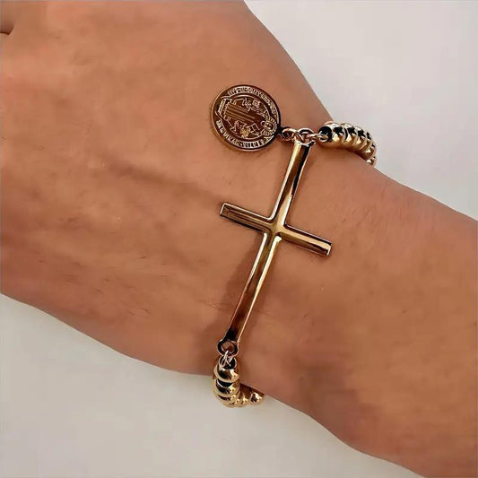 Stainless Steel Beaded Cross Tab Bracelet