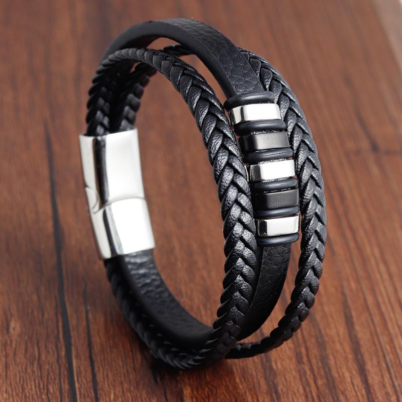 Men's Braid Leather Bracelet with Steel