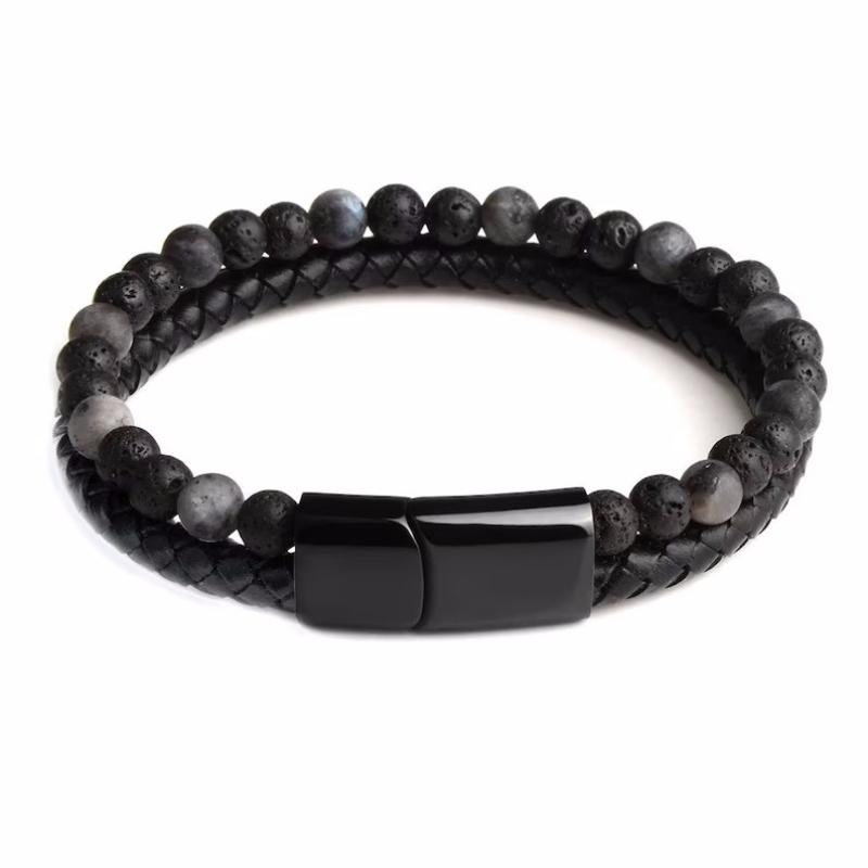 Men's Double-Layer Natural Stone Leather Bracelet