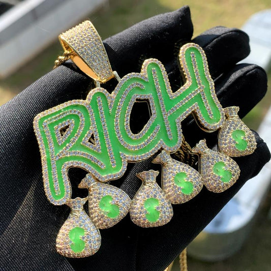 Iced Luminous RICH Letters and Money Bag Pendant