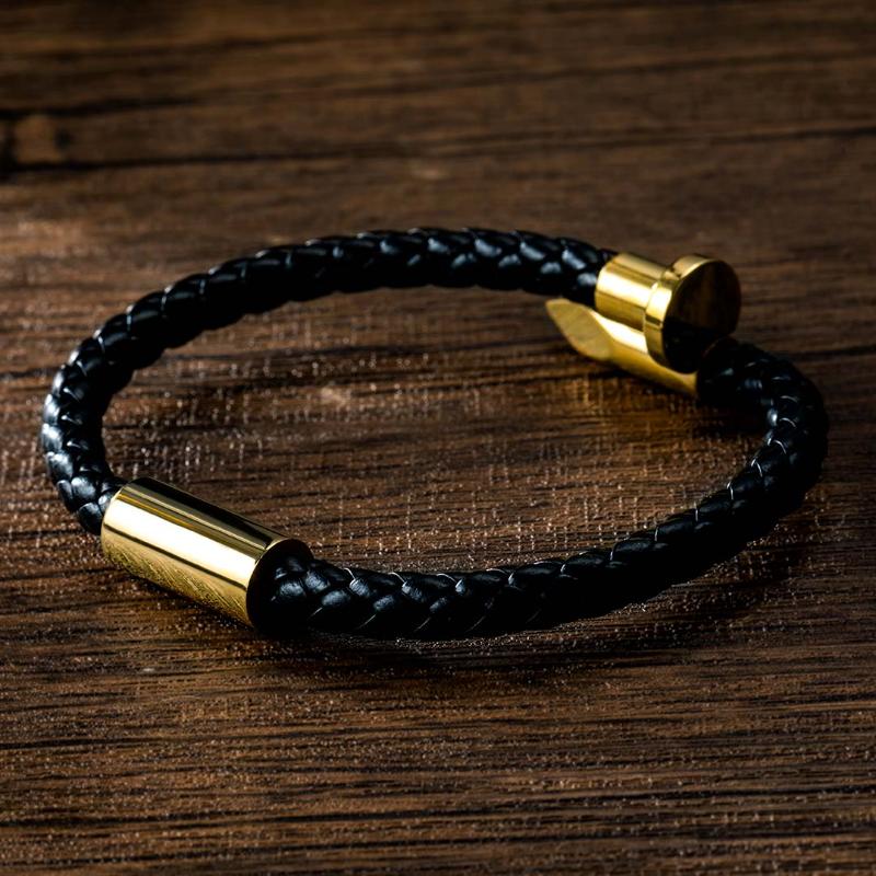 Leather and Titanium Steel Nail Open Bracelet