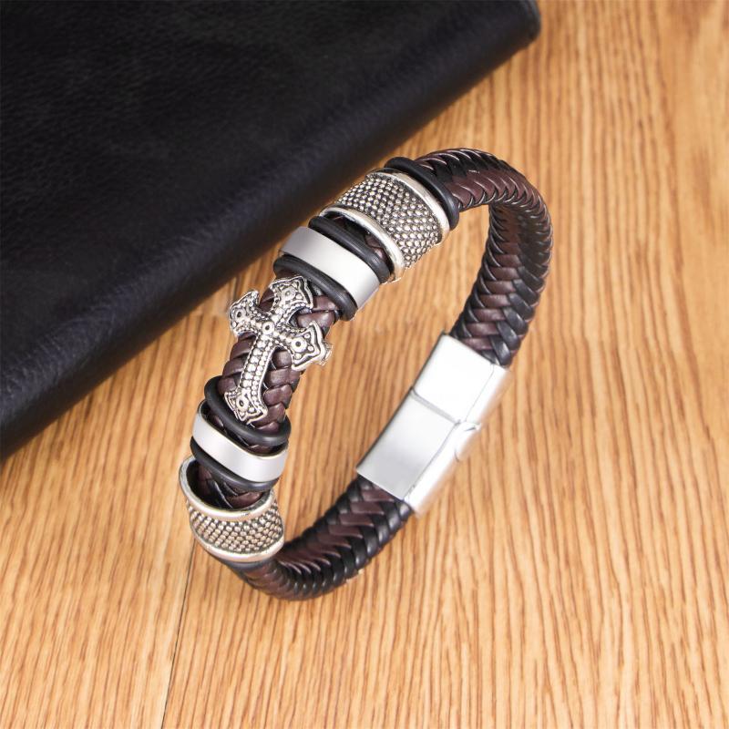 Men's Leather Two Tone Braided Bracelet with Stainless Steel Cross and Magnet Clasp