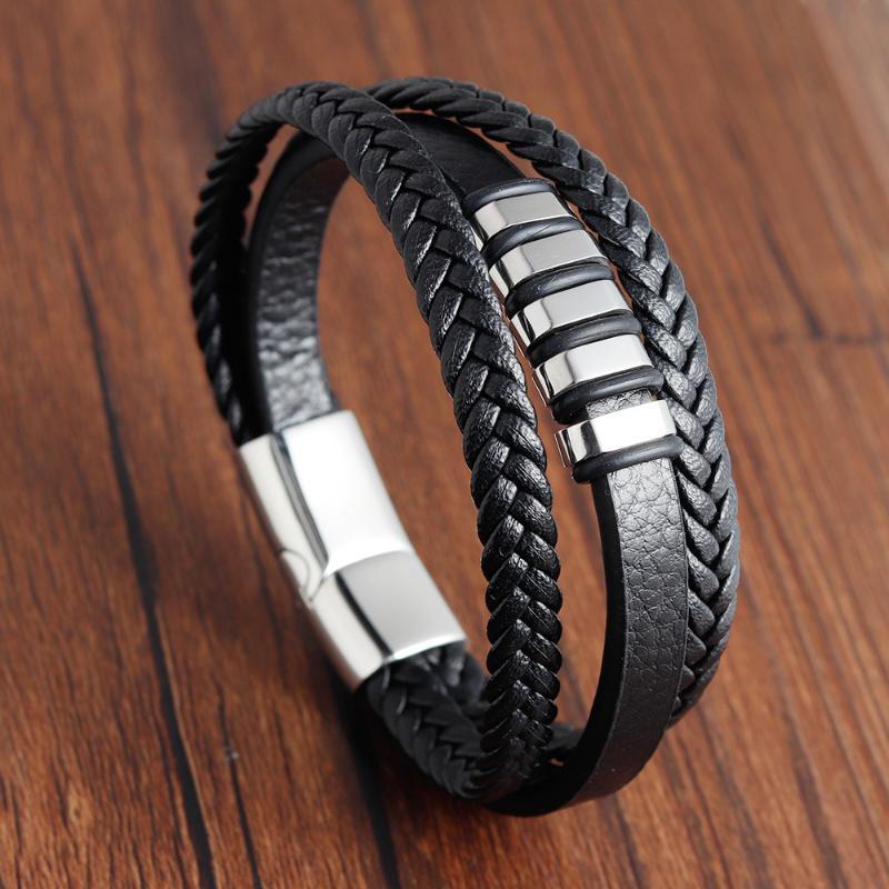 Men's Braid Leather Bracelet with Steel