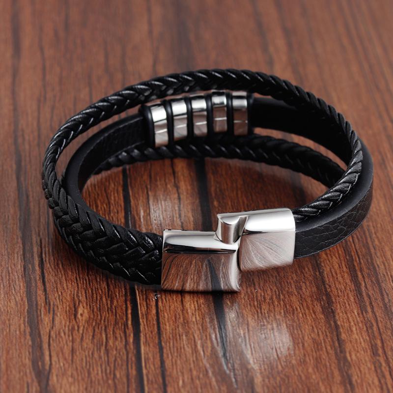 Men's Braid Leather Bracelet with Steel