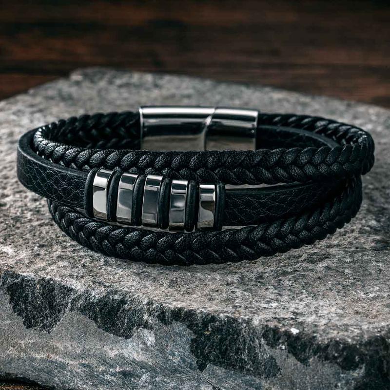 Men's Braid Leather Bracelet with Steel