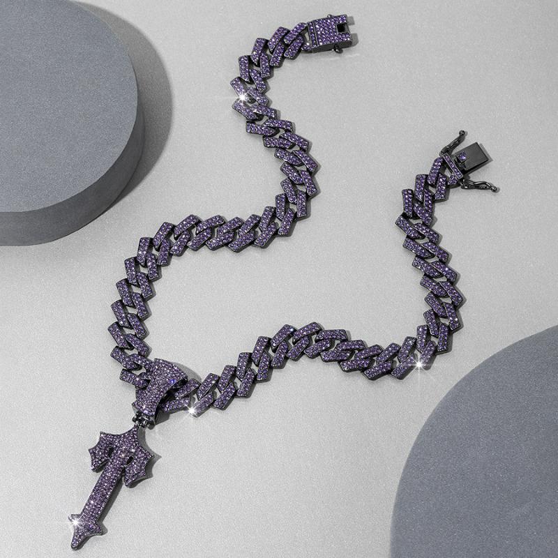 Purple Large Sword Cross Pendant + Cuban Chain