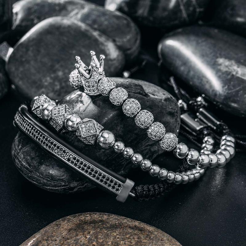 3Pcs Iced Crown Copper Beads Steel Bracelet Set