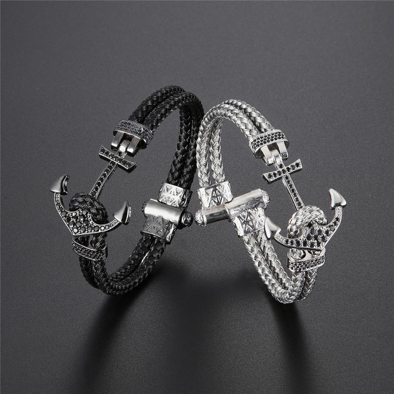 Black Braided Steel Wire Black Gold Anchor Bracelet