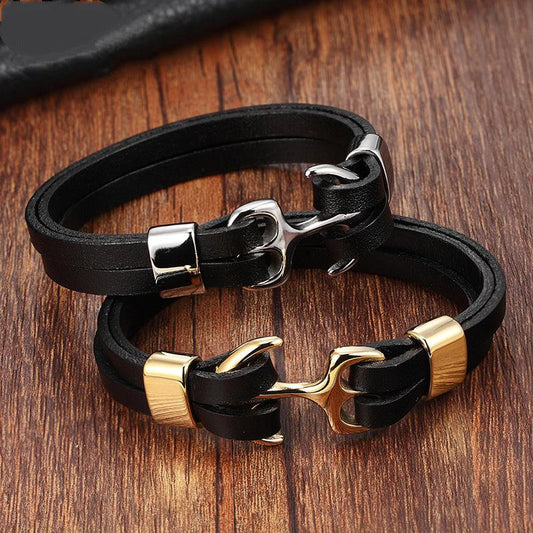 8” Fashion Stainless Steel Anchor Cowhide Bracelet