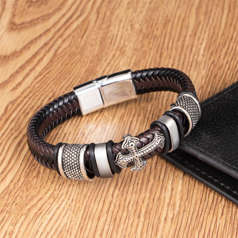 Men's Leather Two Tone Braided Bracelet with Stainless Steel Cross and Magnet Clasp