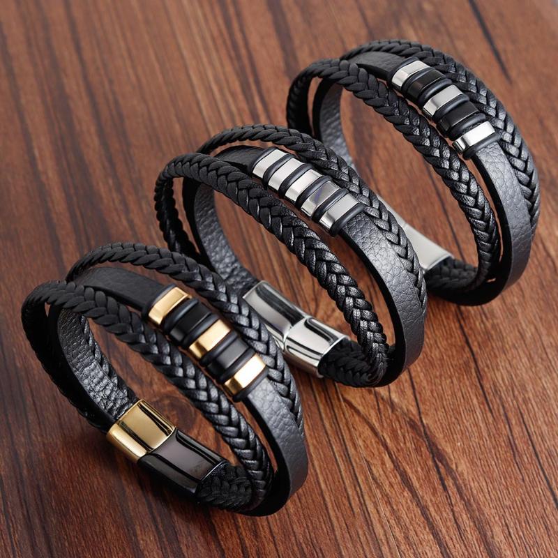 Men's Braid Leather Bracelet with Steel