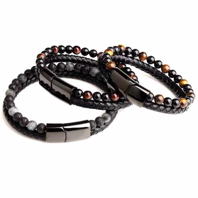 Men's Double-Layer Natural Stone Leather Bracelet