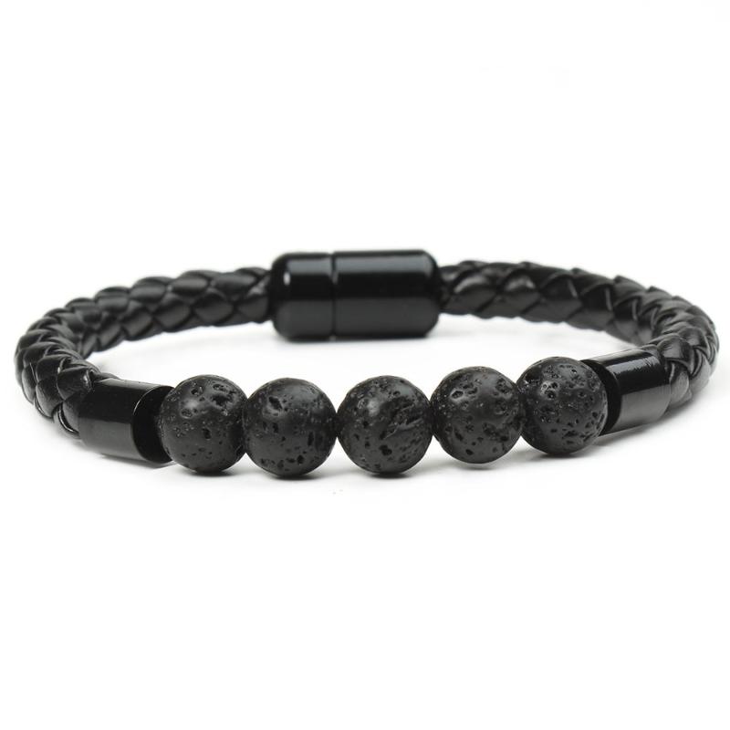 Beaded & Leather Cord Magnetic Button Bracelet