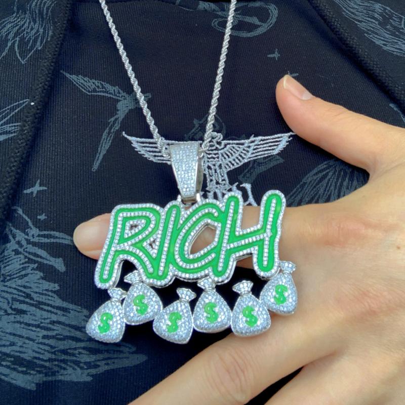 Iced Luminous RICH Letters and Money Bag Pendant