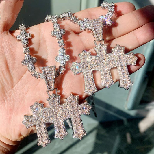 Iced Baguette Three Cross Pendant