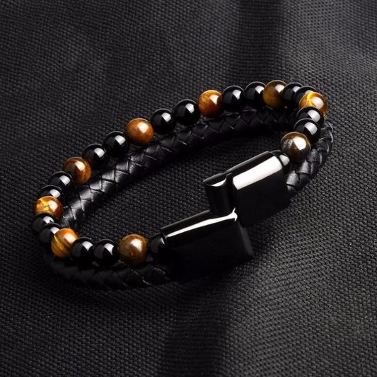 Men's Double-Layer Natural Stone Leather Bracelet