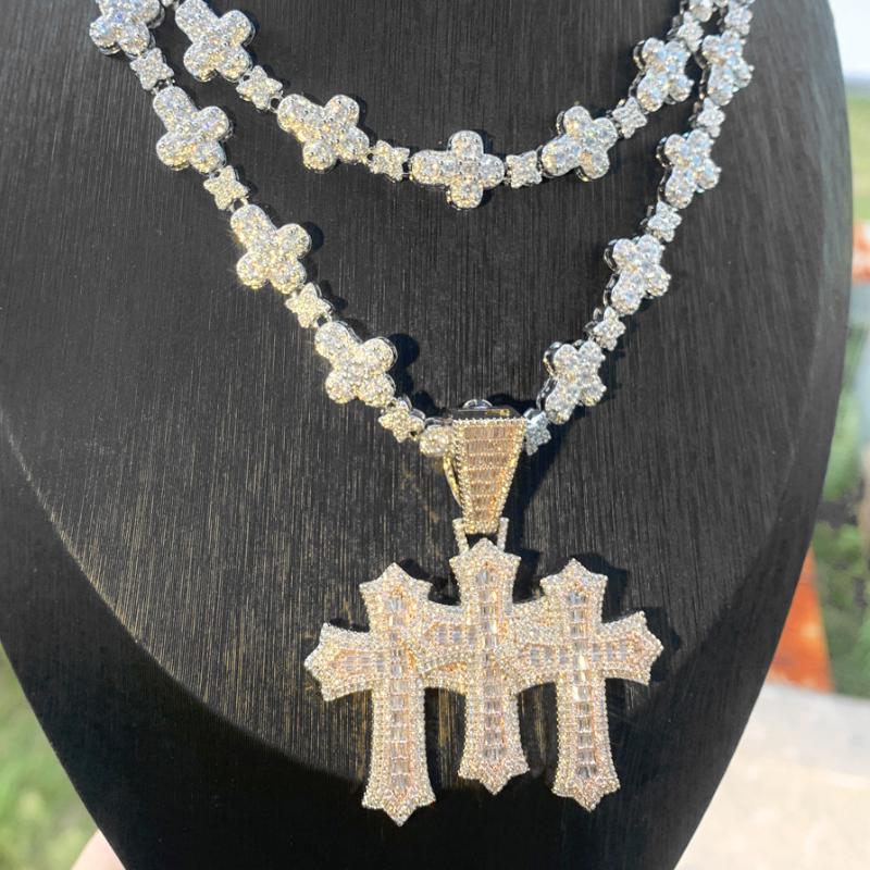 Iced Baguette Three Cross Pendant