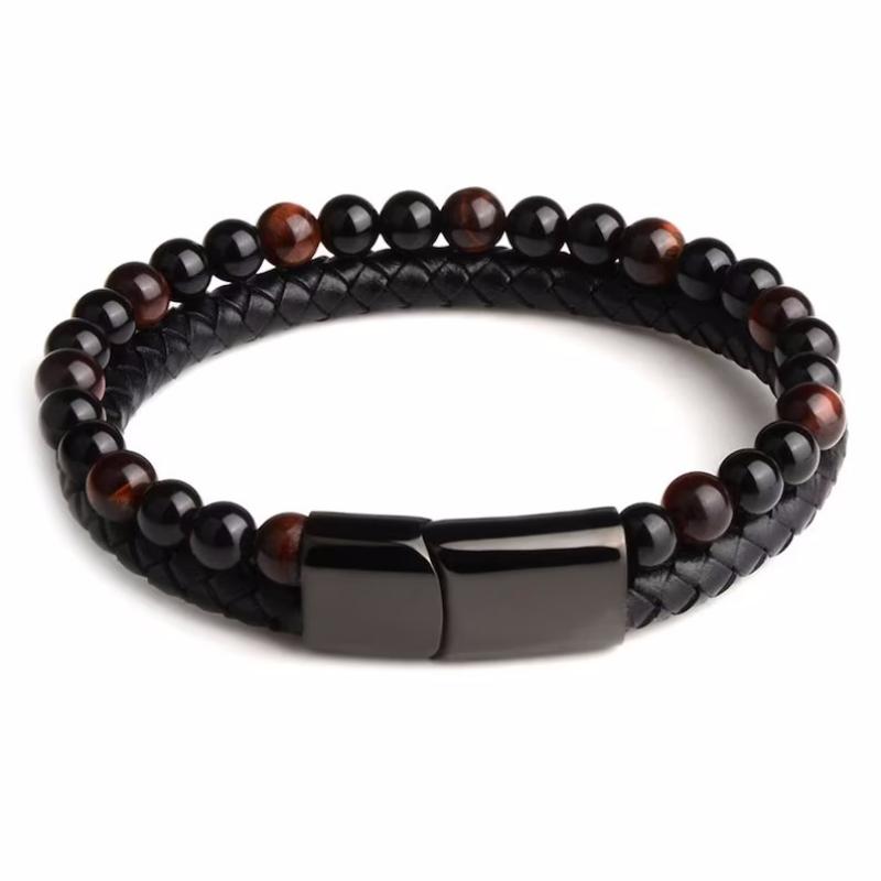 Men's Double-Layer Natural Stone Leather Bracelet