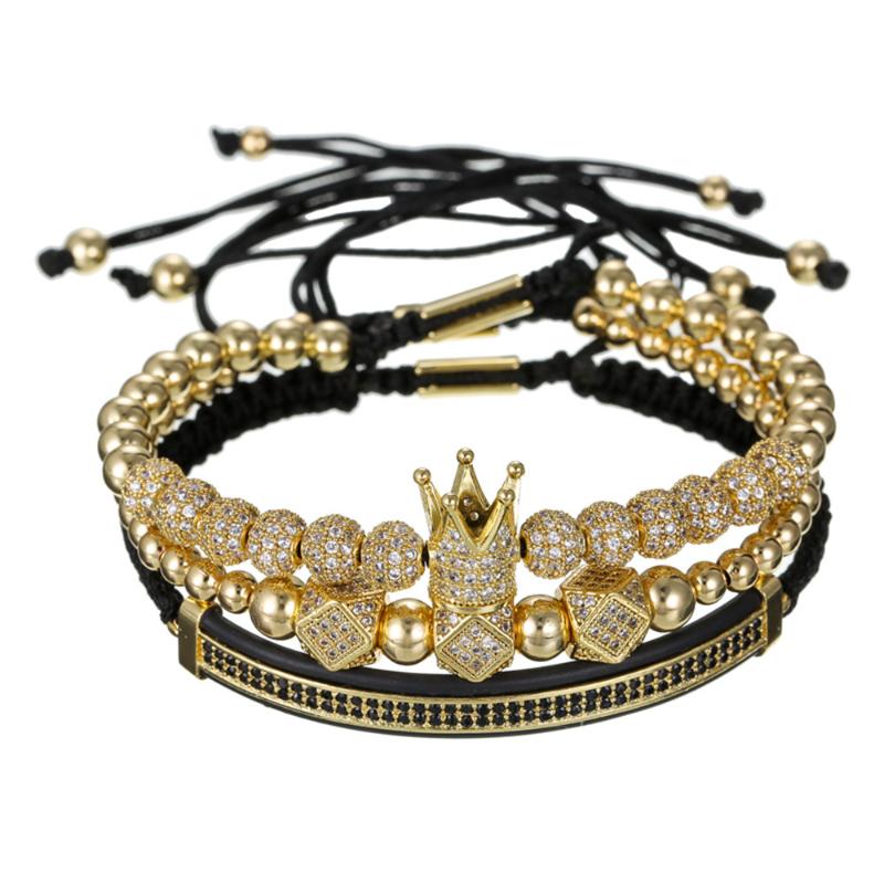 3Pcs Iced Crown Copper Beads Steel Bracelet Set