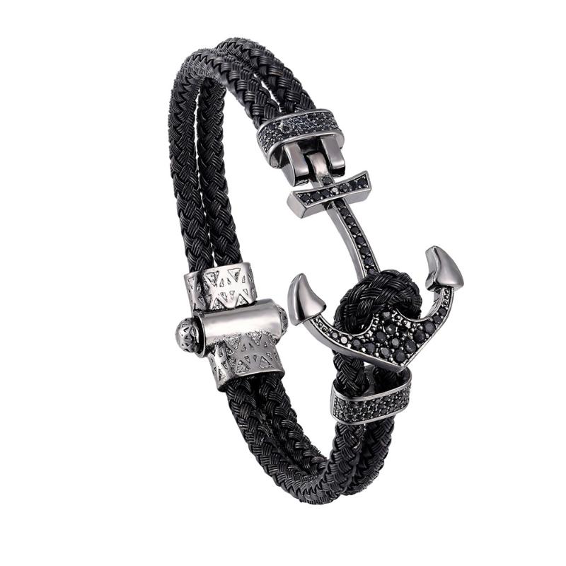 Black Braided Steel Wire Black Gold Anchor Bracelet