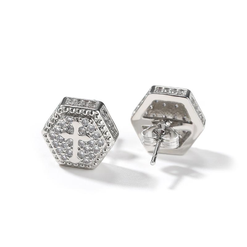 Iced Hexagon Cross Stud Earrings