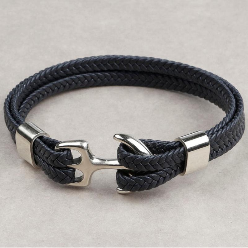 Black Braided Leather Anchor Bracelet