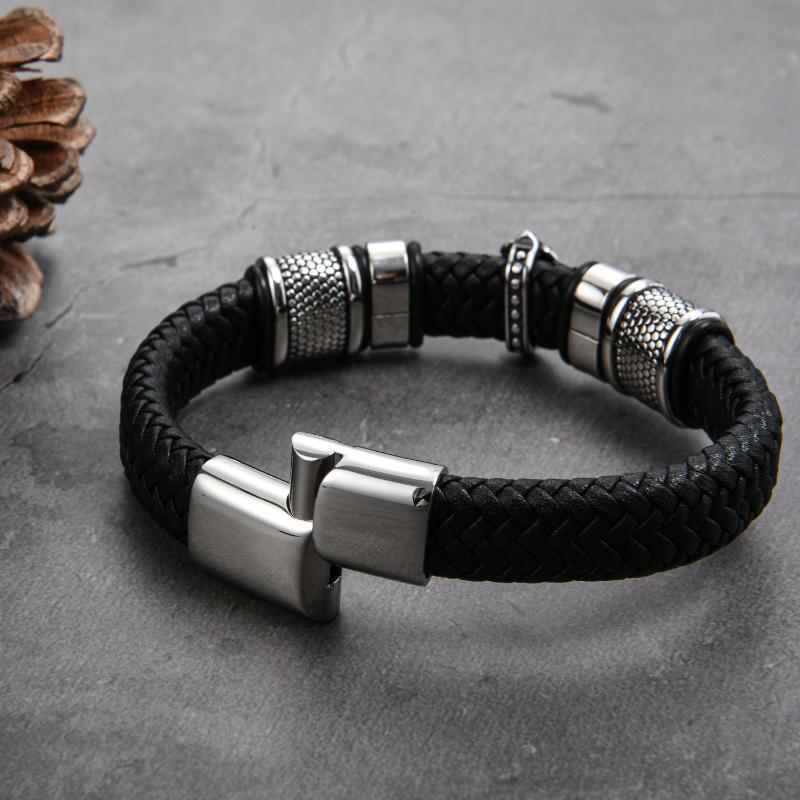 Men's Leather Braid Bracelet with Stainless Steel Cross and Magnet Clasp