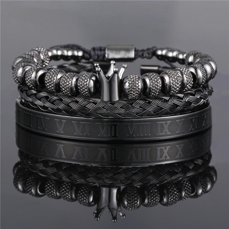 3Pcs Crown Beads and Roman Number Steel Bracelet Set