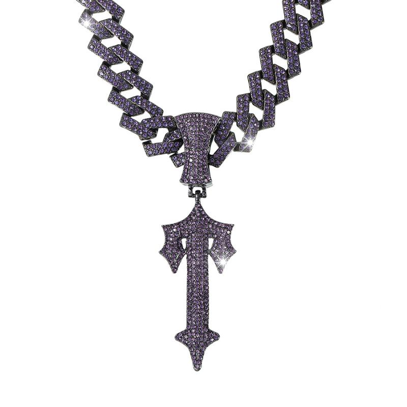 Purple Large Sword Cross Pendant + Cuban Chain