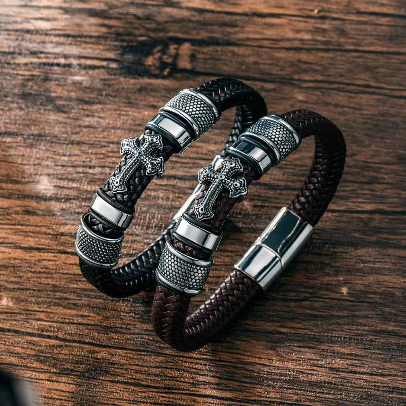 Men's Leather Braid Bracelet with Stainless Steel Cross and Magnet Clasp