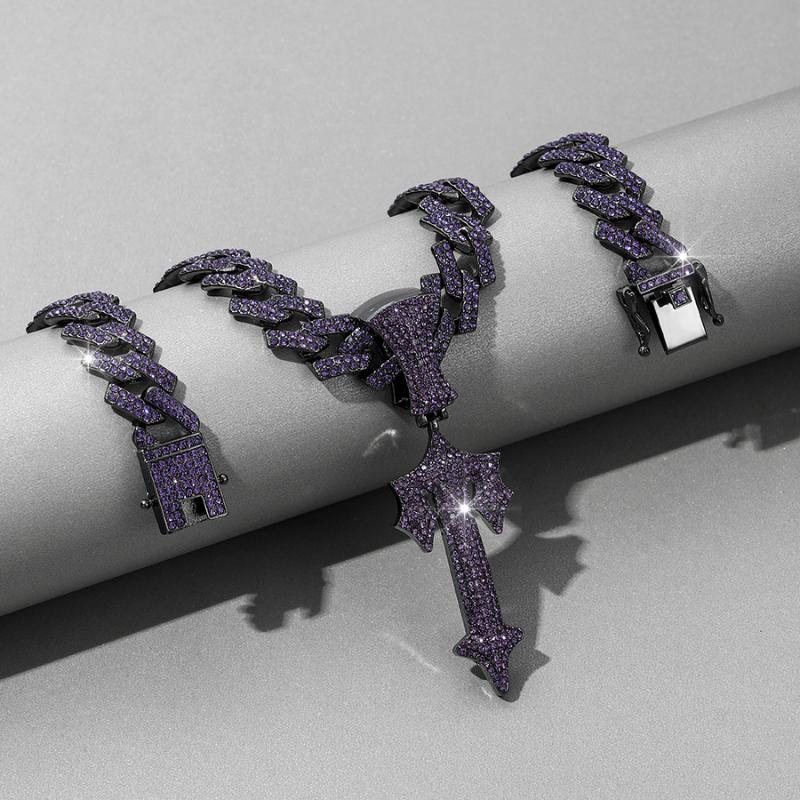 Purple Large Sword Cross Pendant + Cuban Chain