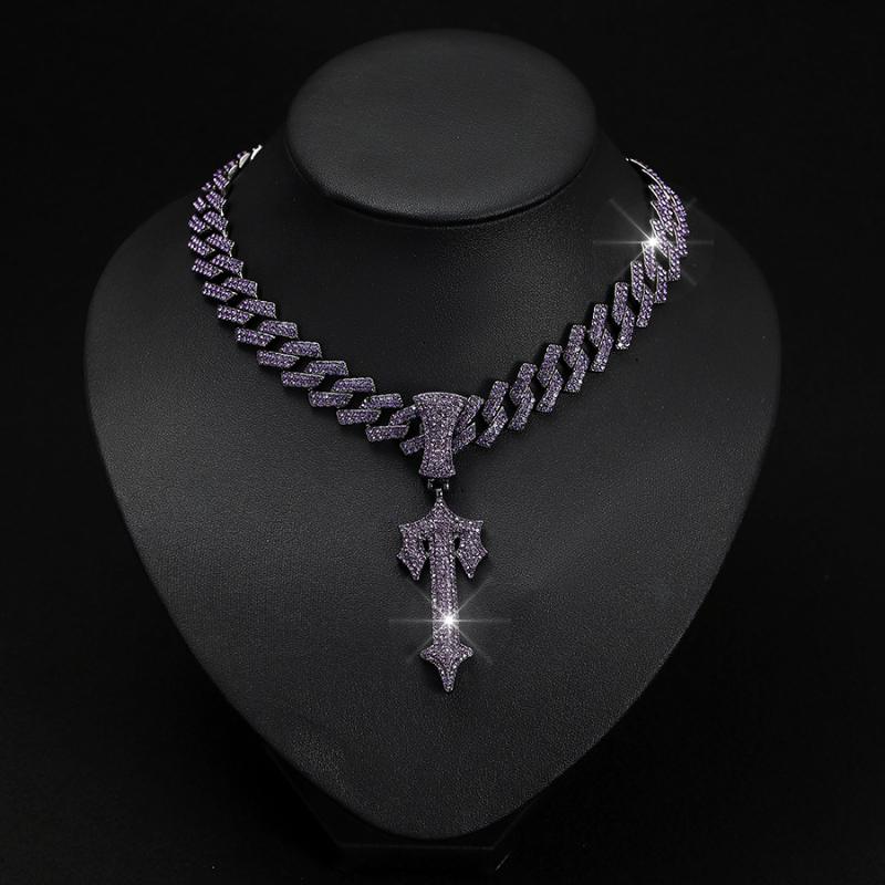 Purple Large Sword Cross Pendant + Cuban Chain