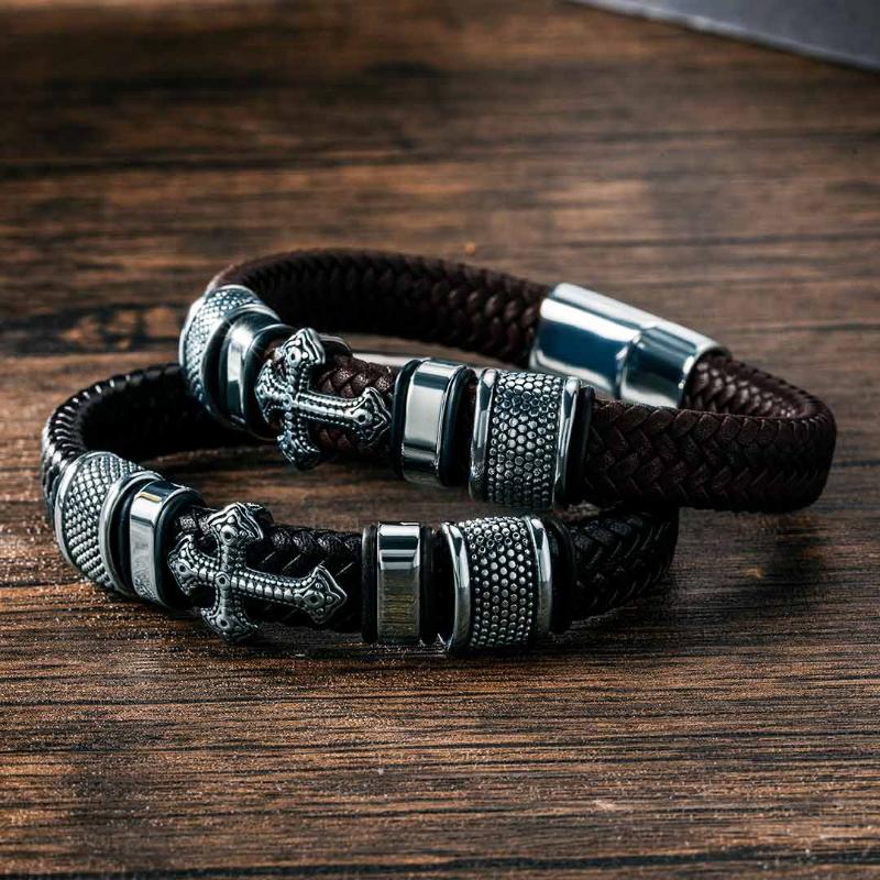 Men's Leather Braid Bracelet with Stainless Steel Cross and Magnet Clasp